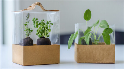 Flat-lay and lifestyle images of biodegradable packaging, paper bags, reusable containers, and organic product branding.