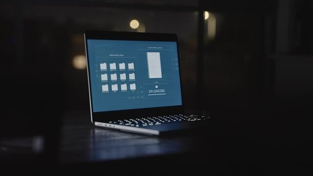 Computer screen with spyware uploading top secret films to remote folder server. Hacking government agency system stealing classified documents to cloud. Exposing secrets and conspiracy or corruption