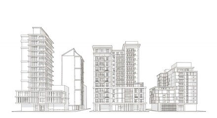 Line drawing of modern city buildings