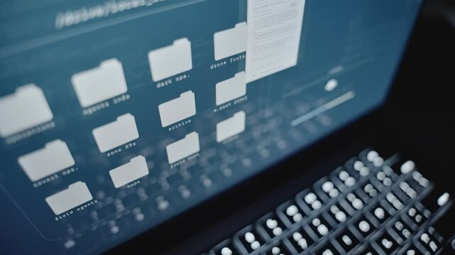 Close up laptop computer screen - secret files and folders uploaded to cloud. Remote access of government agency site or data archive. Hacking system and stealing classified information in data breach - Powered by Adobe