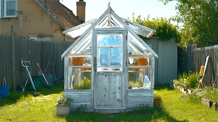 A set of high-quality greenhouse images featuring traditional farming methods. These scenes include lush green vegetables, thriving tomato plants, and cozy backyard greenhouses.