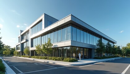 Fototapeta premium Modern medical building exterior. Contemporary architecture, glass windows reflect blue sky. Healthcare facility entrance. Parking lot, green trees. Office, clinic, hospital, health center.