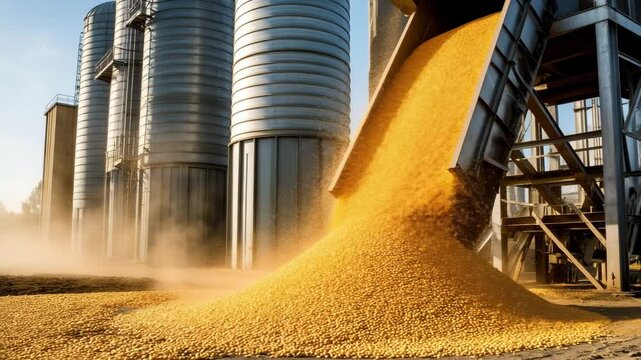 Corn flows into a grain elevator under bright sunlight, with dust and metal silos in the background. Ideal for logistics, food production, and rural industry visuals.