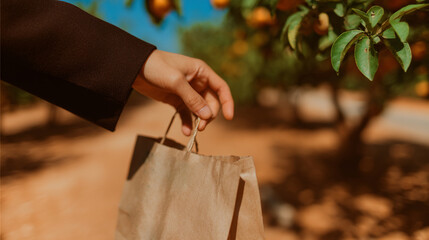 Flat-lay and lifestyle images of biodegradable packaging, paper bags, reusable containers, and organic product branding.