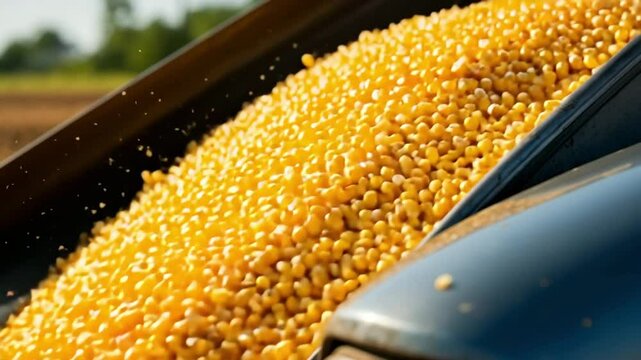 Golden corn kernels cascade in slow motion from a metal chute with dust floating in sunlight. Great for agriculture, logistics, and crop visuals.