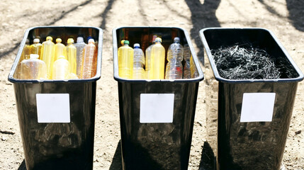 Images of modern recycling centers, colorful waste sorting bins, conveyor belts with materials, and eco-conscious infrastructure.