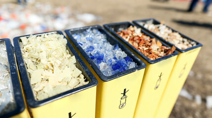 Images of modern recycling centers, colorful waste sorting bins, conveyor belts with materials, and eco-conscious infrastructure.