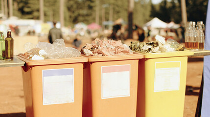 Images of modern recycling centers, colorful waste sorting bins, conveyor belts with materials, and eco-conscious infrastructure.