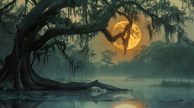 Misty swamp landscape under a large orange moon.