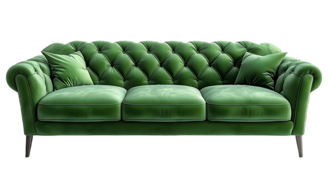 Upholstered green sofa with stylish stitching isolated on transparent background