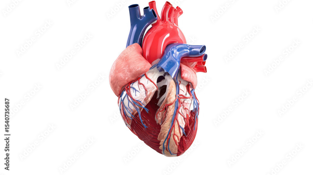Poster realistic 3d rendering of a human heart pumping, highlighting intricate details of arteries, veins, 