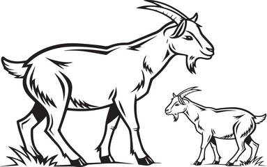 Fototapeta premium Goats Black and White Line Art Illustration of a Goat and a Kid