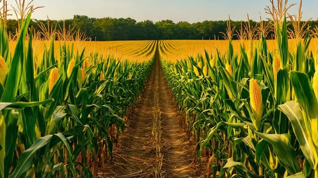 Mature cornfield with golden corn cobs glowing in summer sun, swaying in the wind. Perfect for harvest, agriculture, and nature themes.