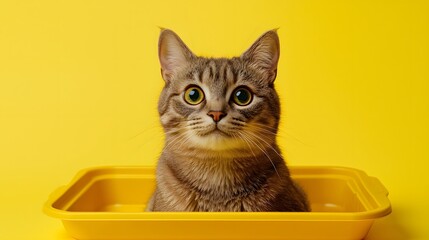 Adorable Cat Sitting in Yellow Tray on Bright Yellow Background