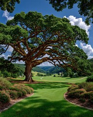 Ornamental flower beds beneath tall oak high resolution picture