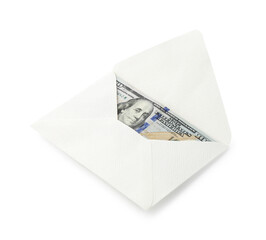 Money bonus. Envelope with dollar banknotes isolated on white