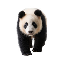 Naklejka premium A cute panda walking towards the camera on a white isolated background, showcasing its distinctive black and white fur, round face, and playful demeanor.