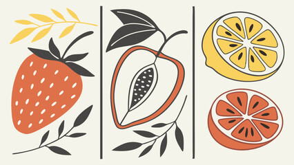 Stylized fruit print strawberry papaya lemon grapefruit