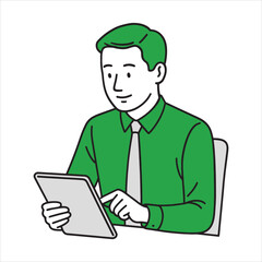 Flat Vector Illustration of Businessman Using Tablet PC – Digital Communication and Modern Technology Concept

