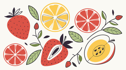 Stylized fruit illustration strawberries lemons and grapefruit
