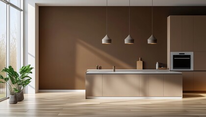 Modern Kitchen Room With A Brown Wall Mockup And Interior Rendering, Showcasing The Aesthetics Of The Space Design And Decor.