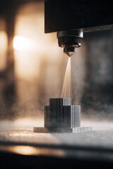 Precision engineering in action. A hightech machine meticulously crafts a metal object. Showcases innovation, manufacturing, and technological advancement.