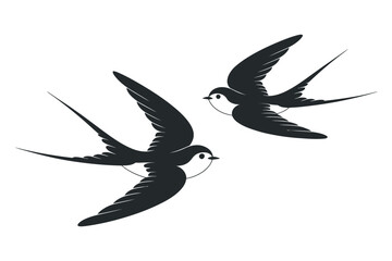 Two stylized swallow silhouettes in flight against a white background