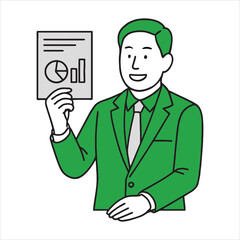 Professional Businessman Presenting Data Analysis Report with Pie Chart and Bar Graph Vector Illustration