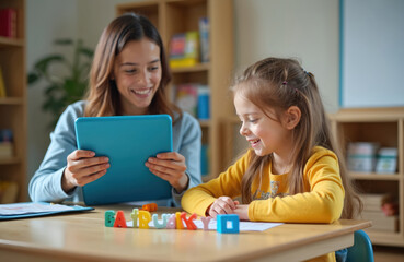 Young girl learning alphabet with tutor at classroom. Smiling child studies letters, learning with colorful blocks, tablet, smiling. Education concept, early learning, smart kids, preschool.