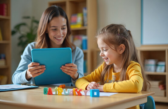 Young girl learning alphabet with tutor at classroom. Smiling child studies letters, learning with colorful blocks, tablet, smiling. Education concept, early learning, smart kids, preschool. - Powered by Adobe