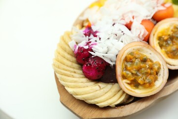Different fresh fruits on white table, closeup. Space for text