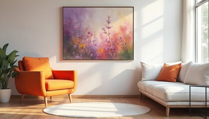 Modern minimalist living room interior design with bright orange accent armchair near white sofa. Abstract floral painting hangs on white wall above armchair. Contemporary interior decoration with
