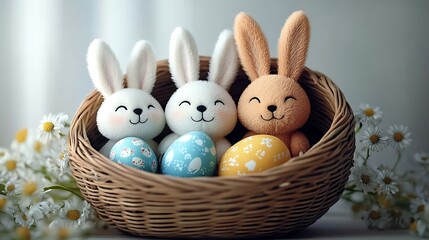 Cute Easter bunny with colorful eggs in a basket, celebrating the spring holiday season, a basket full of fluffy stuffed rabbits, soft plush bunny toys, pastel colored Easter eggs, straw nest backgrou