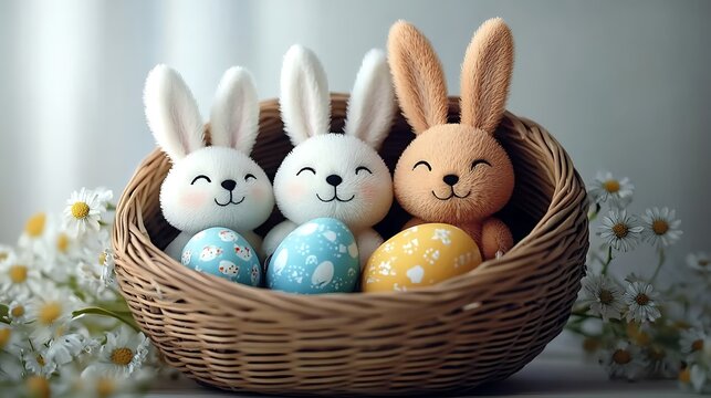 Cute Easter bunny with colorful eggs in a basket, celebrating the spring holiday season, a basket full of fluffy stuffed rabbits, soft plush bunny toys, pastel colored Easter eggs, straw nest backgrou