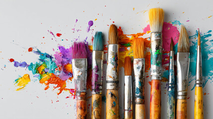 Paint Brushes and Colorful Splashes Flatlay