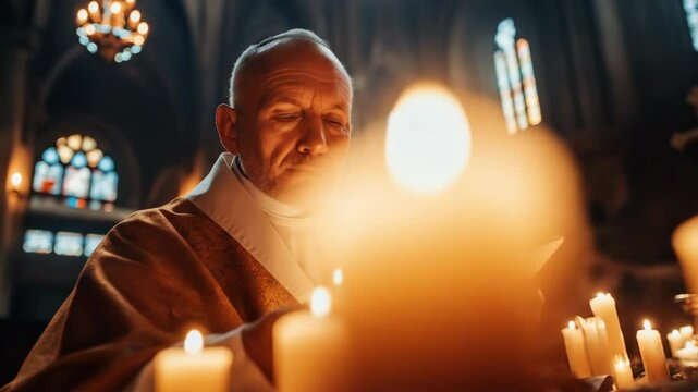  A devoted figure of faith engrossed in prayer amidst the warm, gentle glow of candlelight, as soft light dances across the ornate interior.