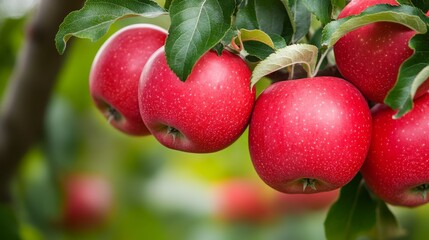 Obraz premium Bright red apples clustered together, hanging from a tree branch.