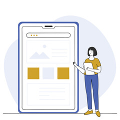 Woman presents app layout featuring placeholders and square content blocks on digital tablet