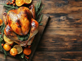 Roasted Turkey on Wooden Board with Citrus Fruits and Herbs, Thanksgiving, Food Photography Thanksgiving, Roast Turkey