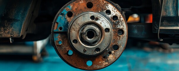 Rusty Car Hub Close-up Composition, Detail and Concept, Car Repair, Automotive Maintenance Car Hub, Rusty Metal