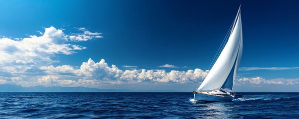 Sailing Yacht on Blue Ocean, Wide Angle Composition, Dramatic Sky, Freedom Concept, Yacht Photography Sailing, Ocean