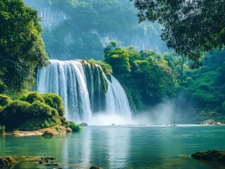 Serene Waterfall Lush Green Landscape, Cascading Water, Tranquil Pool, Nature Photography, Waterfall Photography Waterfall, Nature