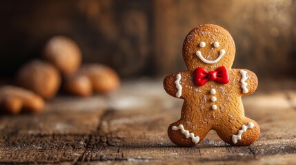 Smiling Gingerbread Man Close-Up Photography, Festive Christmas Treat, Wooden Background, Holiday Baking, Gingerbread Cookie Christmas, Baking