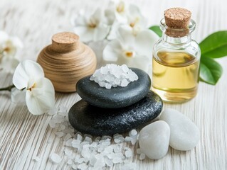 Spa Treatment Stacked Stones, Sea Salt, Essential Oil, White Orchids, Spa Relaxation Keywords Wellness, Aromatherapy