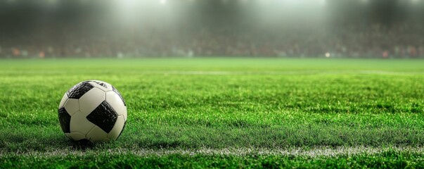 Soccer Ball on Green Field Stadium Background, Close-up Composition, Sports Concept Soccer, Football