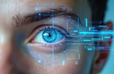 Close-up of young man eye with iris scanning technology, modern healthcare concept. Eye analysis, computer vision, futuristic tech. Digital healthcare, innovative eye care, ophthalmology, vision