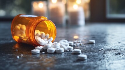 Spilled Pills Orange Bottle, White Tablets, Candles Background, Addiction, Medication, Overdose Addiction, Overdose