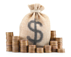 Bag with dollar sign and coins isolated on white