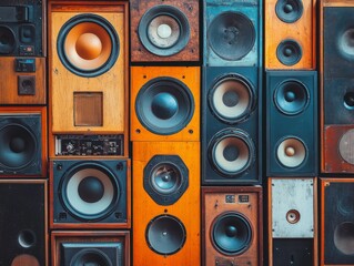 Vintage Stereo Speaker Wall Colorful Collage of Retro Audio Equipment, speaker, music, audio speaker, audio equipment