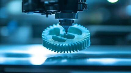 Close-up of 3D printer making mint-colored gear--advanced production and visible layered structure. 